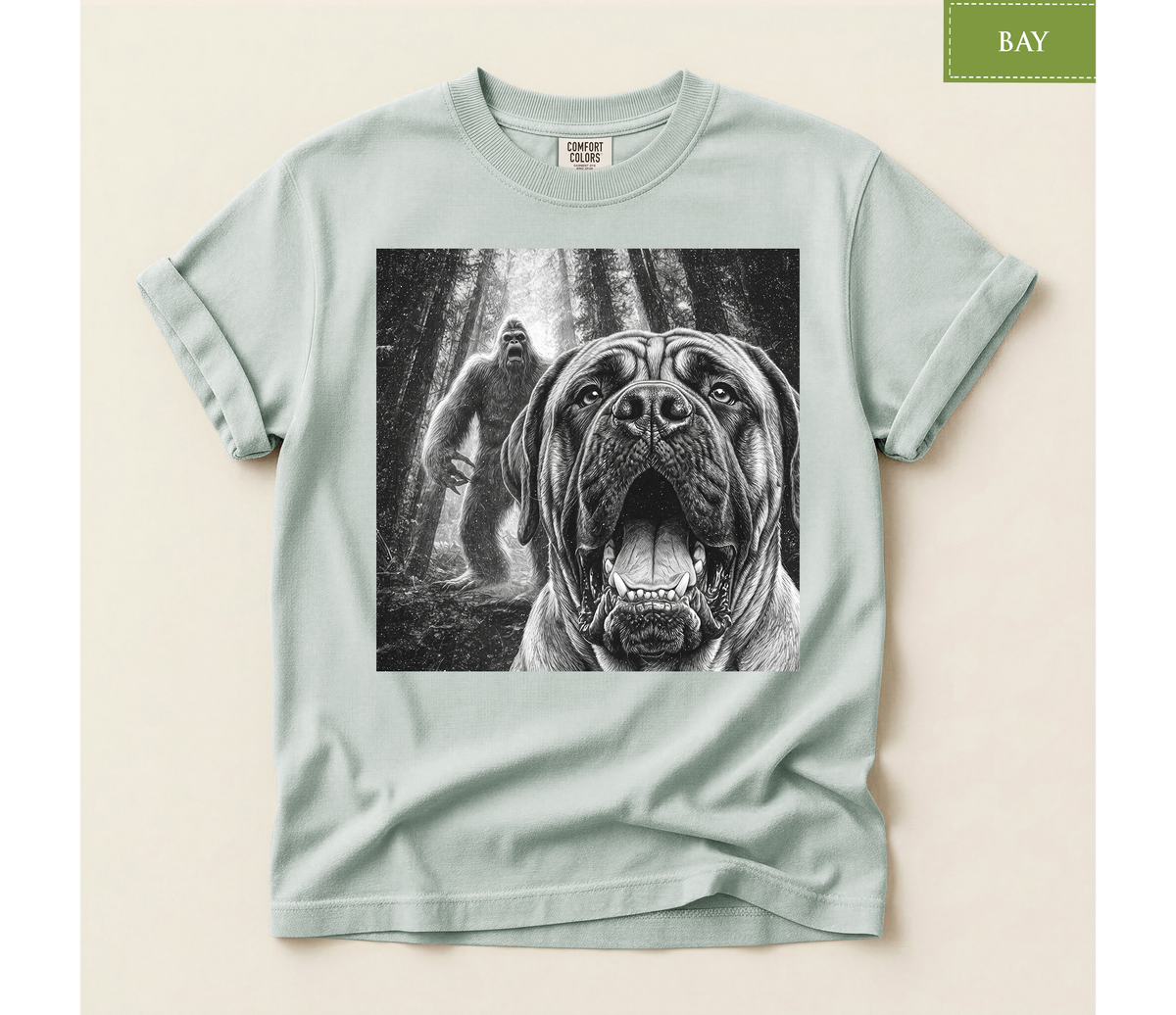 Bigfoot dog shirt, Mastiff dog tee, Sasquatch t shirt, Funny big dog gift, Cryptid graphic tee, Dog lover gift, Vintage monster tee, Forest camping shirt, Dog dad gift, Giant breed shirt, Retro horror shirt, English mastiff, Bigfoot meme tee