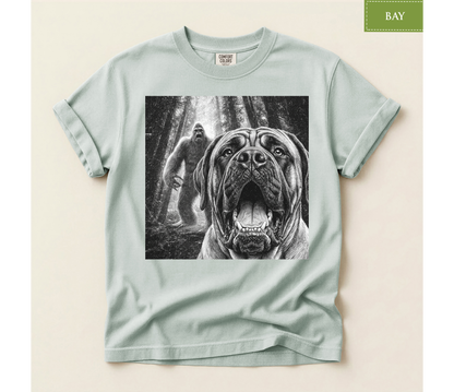 Bigfoot dog shirt, Mastiff dog tee, Sasquatch t shirt, Funny big dog gift, Cryptid graphic tee, Dog lover gift, Vintage monster tee, Forest camping shirt, Dog dad gift, Giant breed shirt, Retro horror shirt, English mastiff, Bigfoot meme tee