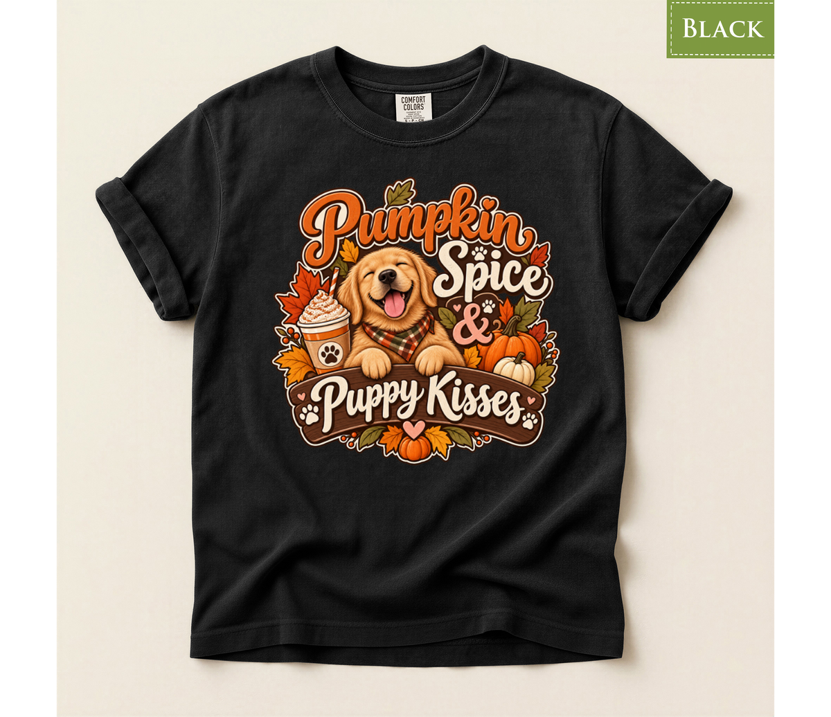 pumpkin spice shirt, puppy kisses tee, fall dog mom shirt, dog lover fall gift, autumn dog tee, golden retriever tee, cute dog lover gift, thanksgiving t shirt, cozy season shirt, fall aesthetic tee, pumpkin latte shirt, cute puppy apparel, vintage fall tee