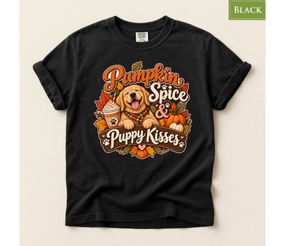 pumpkin spice shirt, puppy kisses tee, fall dog mom shirt, dog lover fall gift, autumn dog tee, golden retriever tee, cute dog lover gift, thanksgiving t shirt, cozy season shirt, fall aesthetic tee, pumpkin latte shirt, cute puppy apparel, vintage fall tee