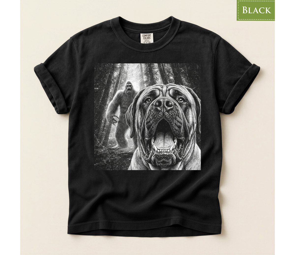 Bigfoot dog shirt, Mastiff dog tee, Sasquatch t shirt, Funny big dog gift, Cryptid graphic tee, Dog lover gift, Vintage monster tee, Forest camping shirt, Dog dad gift, Giant breed shirt, Retro horror shirt, English mastiff, Bigfoot meme tee