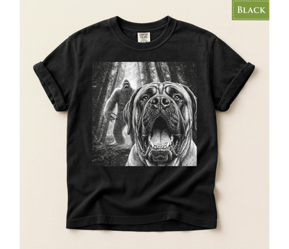 Bigfoot dog shirt, Mastiff dog tee, Sasquatch t shirt, Funny big dog gift, Cryptid graphic tee, Dog lover gift, Vintage monster tee, Forest camping shirt, Dog dad gift, Giant breed shirt, Retro horror shirt, English mastiff, Bigfoot meme tee