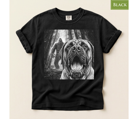 Bigfoot dog shirt, Mastiff dog tee, Sasquatch t shirt, Funny big dog gift, Cryptid graphic tee, Dog lover gift, Vintage monster tee, Forest camping shirt, Dog dad gift, Giant breed shirt, Retro horror shirt, English mastiff, Bigfoot meme tee