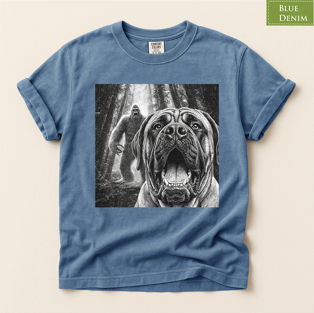 Bigfoot dog shirt, Mastiff dog tee, Sasquatch t shirt, Funny big dog gift, Cryptid graphic tee, Dog lover gift, Vintage monster tee, Forest camping shirt, Dog dad gift, Giant breed shirt, Retro horror shirt, English mastiff, Bigfoot meme tee
