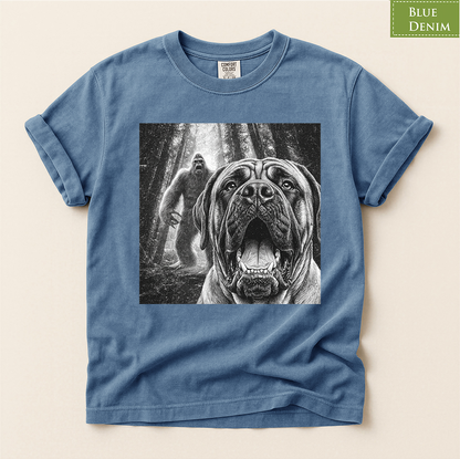 Bigfoot dog shirt, Mastiff dog tee, Sasquatch t shirt, Funny big dog gift, Cryptid graphic tee, Dog lover gift, Vintage monster tee, Forest camping shirt, Dog dad gift, Giant breed shirt, Retro horror shirt, English mastiff, Bigfoot meme tee