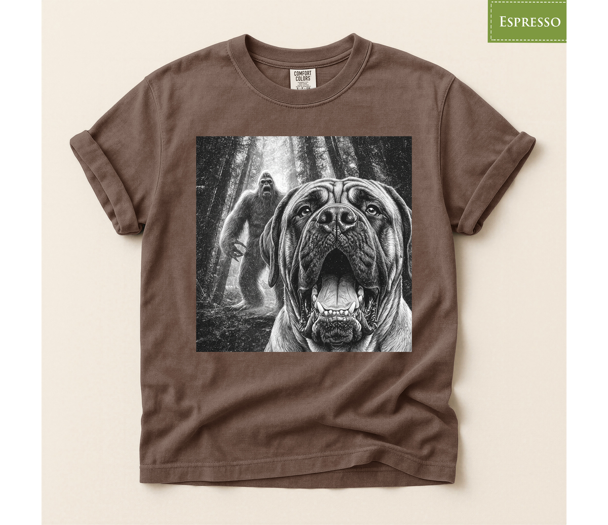 Bigfoot dog shirt, Mastiff dog tee, Sasquatch t shirt, Funny big dog gift, Cryptid graphic tee, Dog lover gift, Vintage monster tee, Forest camping shirt, Dog dad gift, Giant breed shirt, Retro horror shirt, English mastiff, Bigfoot meme tee