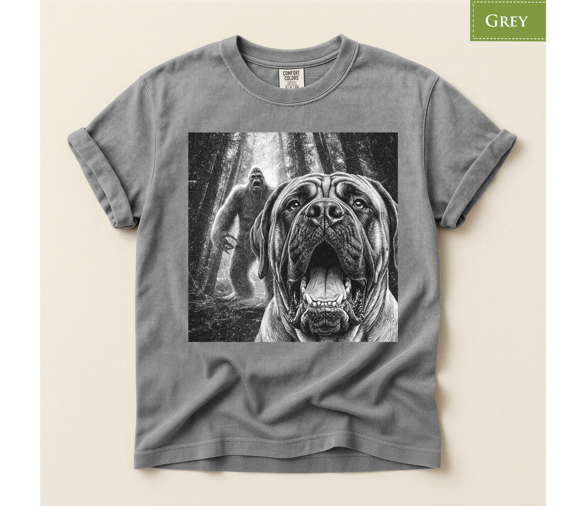 Bigfoot dog shirt, Mastiff dog tee, Sasquatch t shirt, Funny big dog gift, Cryptid graphic tee, Dog lover gift, Vintage monster tee, Forest camping shirt, Dog dad gift, Giant breed shirt, Retro horror shirt, English mastiff, Bigfoot meme tee