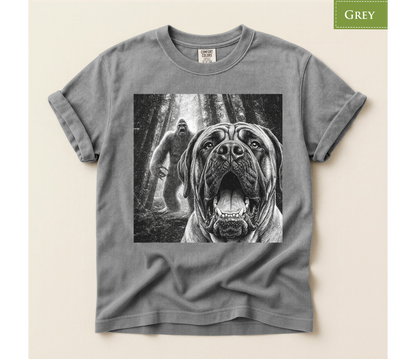 Bigfoot dog shirt, Mastiff dog tee, Sasquatch t shirt, Funny big dog gift, Cryptid graphic tee, Dog lover gift, Vintage monster tee, Forest camping shirt, Dog dad gift, Giant breed shirt, Retro horror shirt, English mastiff, Bigfoot meme tee