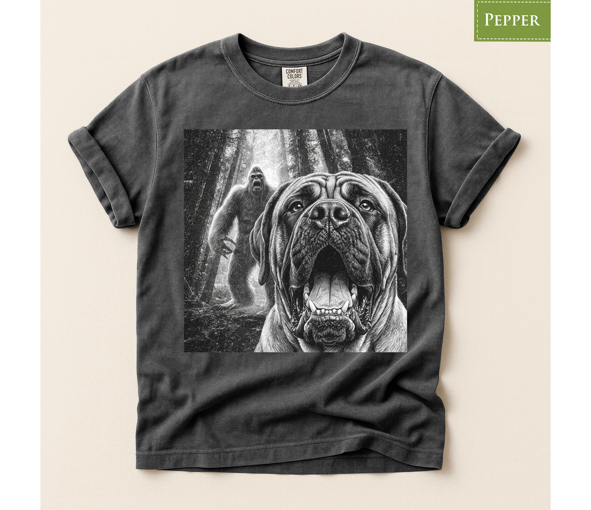 Bigfoot dog shirt, Mastiff dog tee, Sasquatch t shirt, Funny big dog gift, Cryptid graphic tee, Dog lover gift, Vintage monster tee, Forest camping shirt, Dog dad gift, Giant breed shirt, Retro horror shirt, English mastiff, Bigfoot meme tee