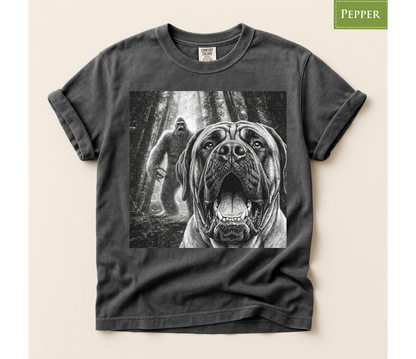Bigfoot dog shirt, Mastiff dog tee, Sasquatch t shirt, Funny big dog gift, Cryptid graphic tee, Dog lover gift, Vintage monster tee, Forest camping shirt, Dog dad gift, Giant breed shirt, Retro horror shirt, English mastiff, Bigfoot meme tee