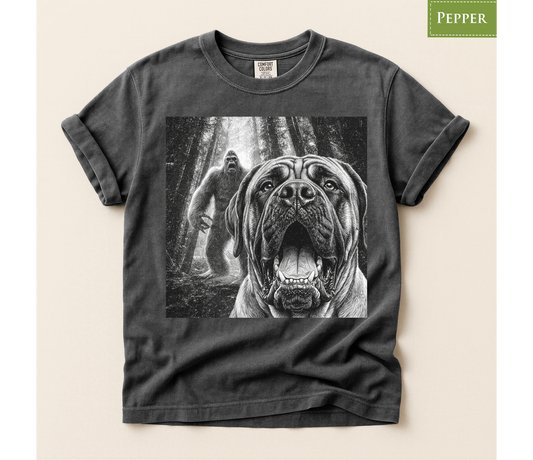 Bigfoot dog shirt, Mastiff dog tee, Sasquatch t shirt, Funny big dog gift, Cryptid graphic tee, Dog lover gift, Vintage monster tee, Forest camping shirt, Dog dad gift, Giant breed shirt, Retro horror shirt, English mastiff, Bigfoot meme tee