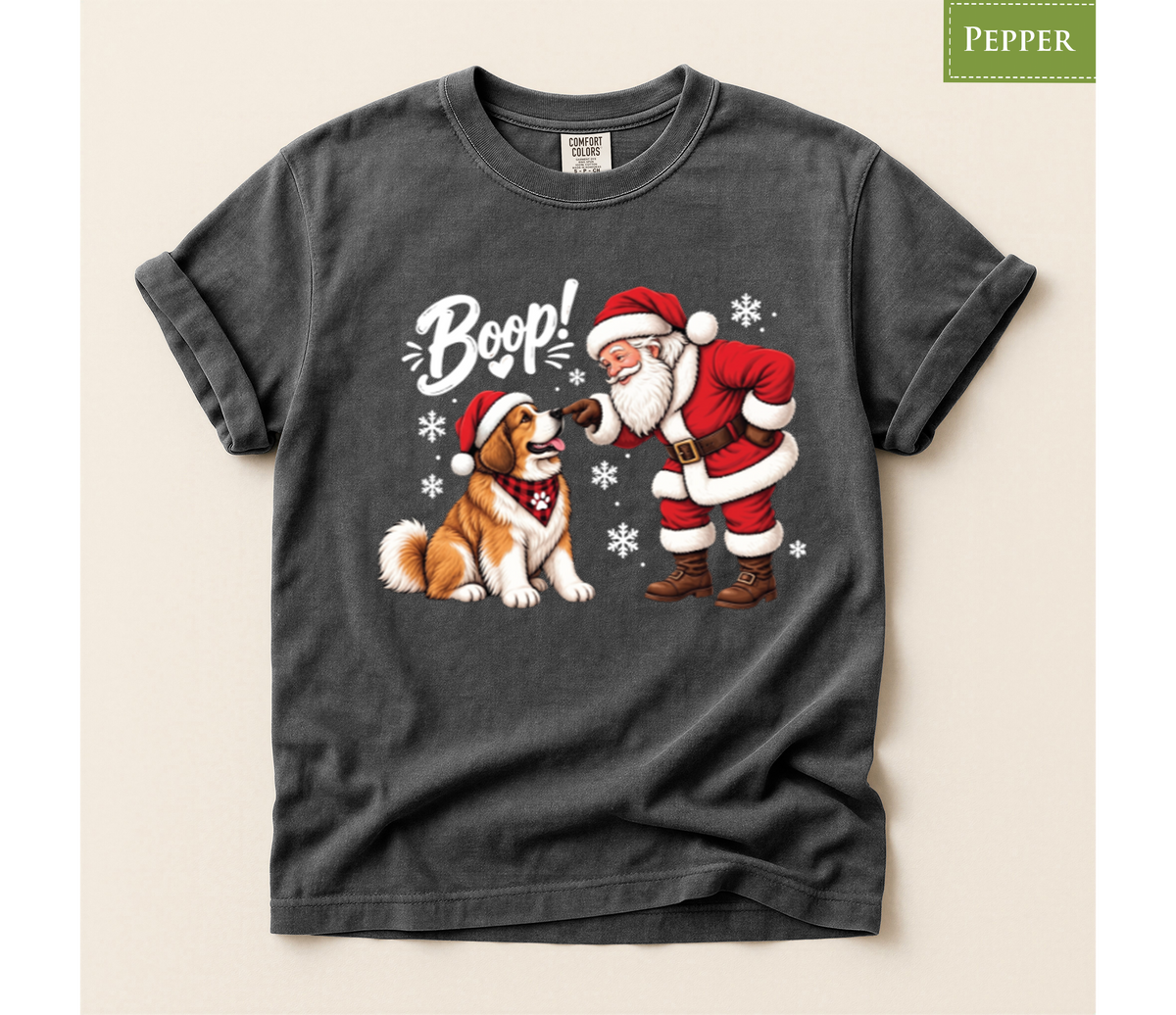 Christmas dog shirt, Santa boop tee, Dog lover gift, Saint Bernard shirt, Funny Xmas tee, Cute puppy shirt, Holiday graphic tee, Dog mom Christmas, Dog dad gift, Winter pet shirt, Merry Christmas tee, Santa Claus shirt, Festive animal tee
