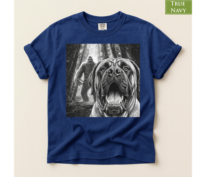 Bigfoot dog shirt, Mastiff dog tee, Sasquatch t shirt, Funny big dog gift, Cryptid graphic tee, Dog lover gift, Vintage monster tee, Forest camping shirt, Dog dad gift, Giant breed shirt, Retro horror shirt, English mastiff, Bigfoot meme tee
