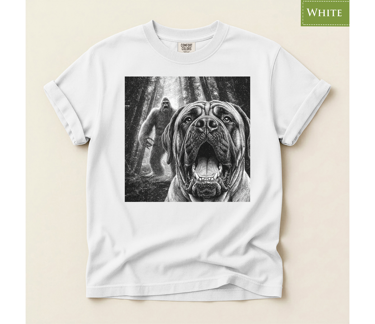 Bigfoot dog shirt, Mastiff dog tee, Sasquatch t shirt, Funny big dog gift, Cryptid graphic tee, Dog lover gift, Vintage monster tee, Forest camping shirt, Dog dad gift, Giant breed shirt, Retro horror shirt, English mastiff, Bigfoot meme tee