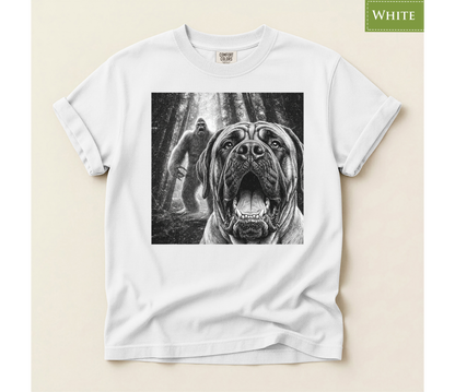 Bigfoot dog shirt, Mastiff dog tee, Sasquatch t shirt, Funny big dog gift, Cryptid graphic tee, Dog lover gift, Vintage monster tee, Forest camping shirt, Dog dad gift, Giant breed shirt, Retro horror shirt, English mastiff, Bigfoot meme tee