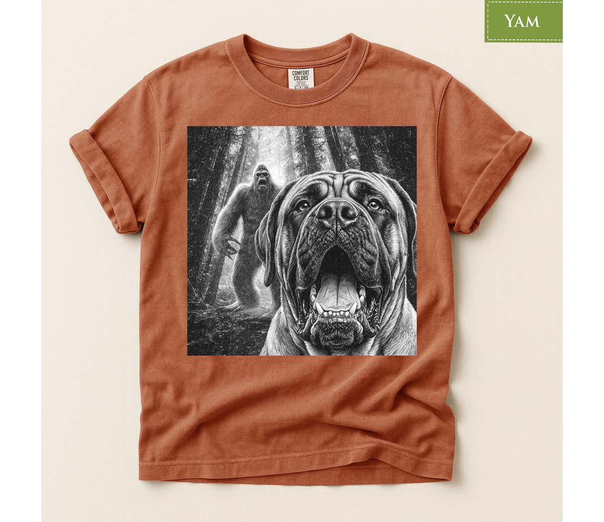 Funny Bigfoot Mastiff Dog Shirt, Sasquatch Chasing Dog Tee