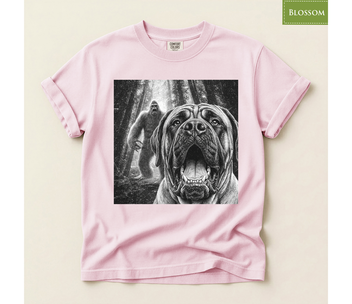 Bigfoot dog shirt, Mastiff dog tee, Sasquatch t shirt, Funny big dog gift, Cryptid graphic tee, Dog lover gift, Vintage monster tee, Forest camping shirt, Dog dad gift, Giant breed shirt, Retro horror shirt, English mastiff, Bigfoot meme tee
