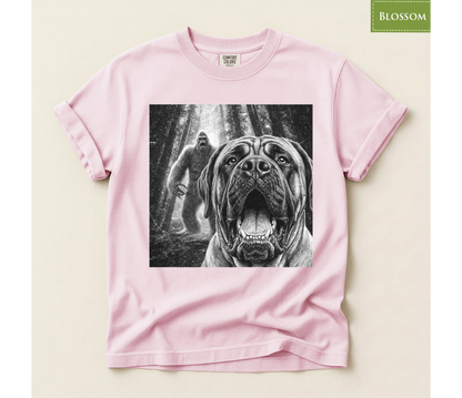 Bigfoot dog shirt, Mastiff dog tee, Sasquatch t shirt, Funny big dog gift, Cryptid graphic tee, Dog lover gift, Vintage monster tee, Forest camping shirt, Dog dad gift, Giant breed shirt, Retro horror shirt, English mastiff, Bigfoot meme tee
