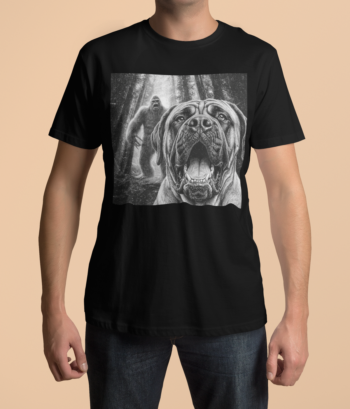 Bigfoot dog shirt, Mastiff dog tee, Sasquatch t shirt, Funny big dog gift, Cryptid graphic tee, Dog lover gift, Vintage monster tee, Forest camping shirt, Dog dad gift, Giant breed shirt, Retro horror shirt, English mastiff, Bigfoot meme tee