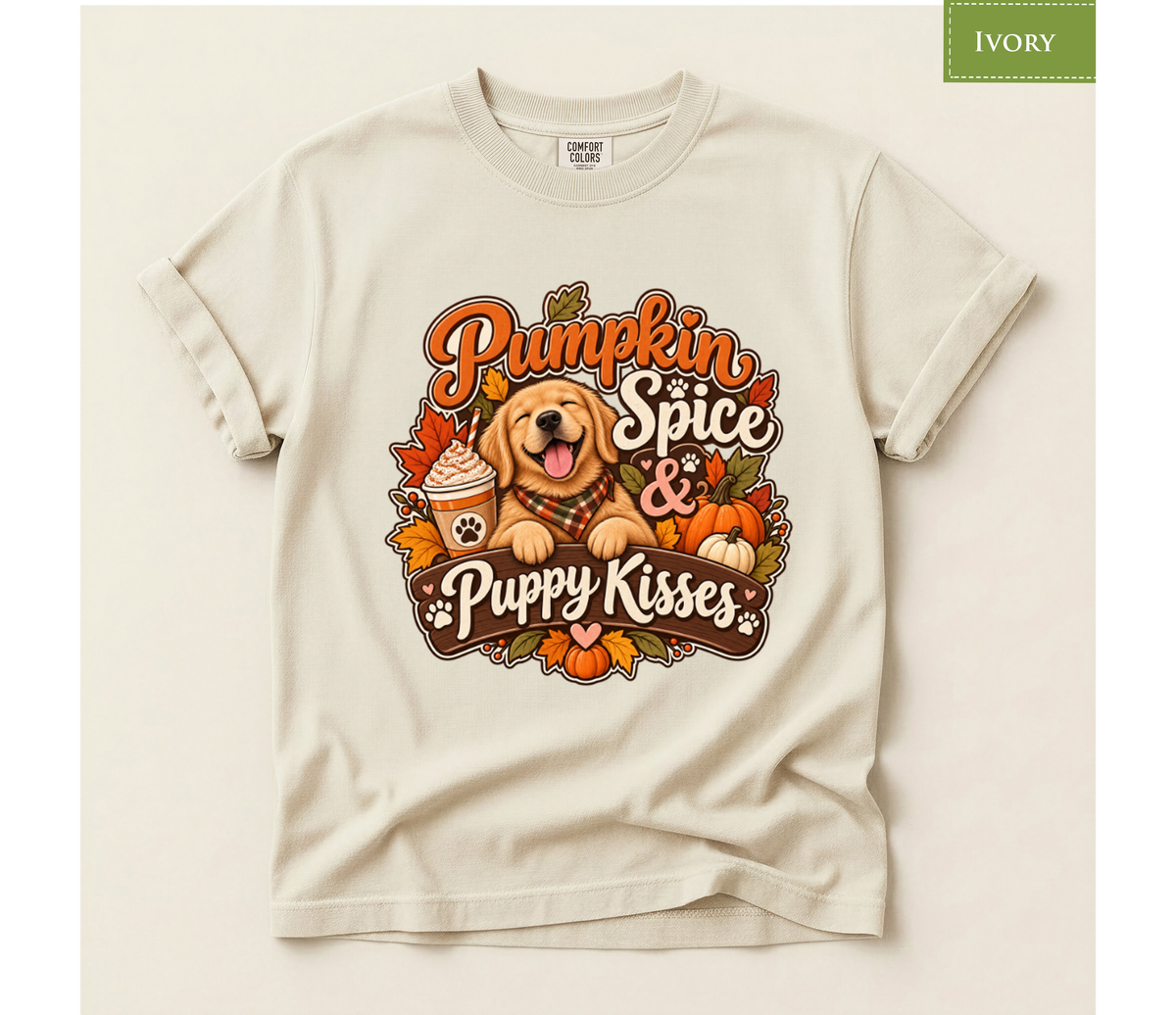 pumpkin spice shirt, puppy kisses tee, fall dog mom shirt, dog lover fall gift, autumn dog tee, golden retriever tee, cute dog lover gift, thanksgiving t shirt, cozy season shirt, fall aesthetic tee, pumpkin latte shirt, cute puppy apparel, vintage fall tee