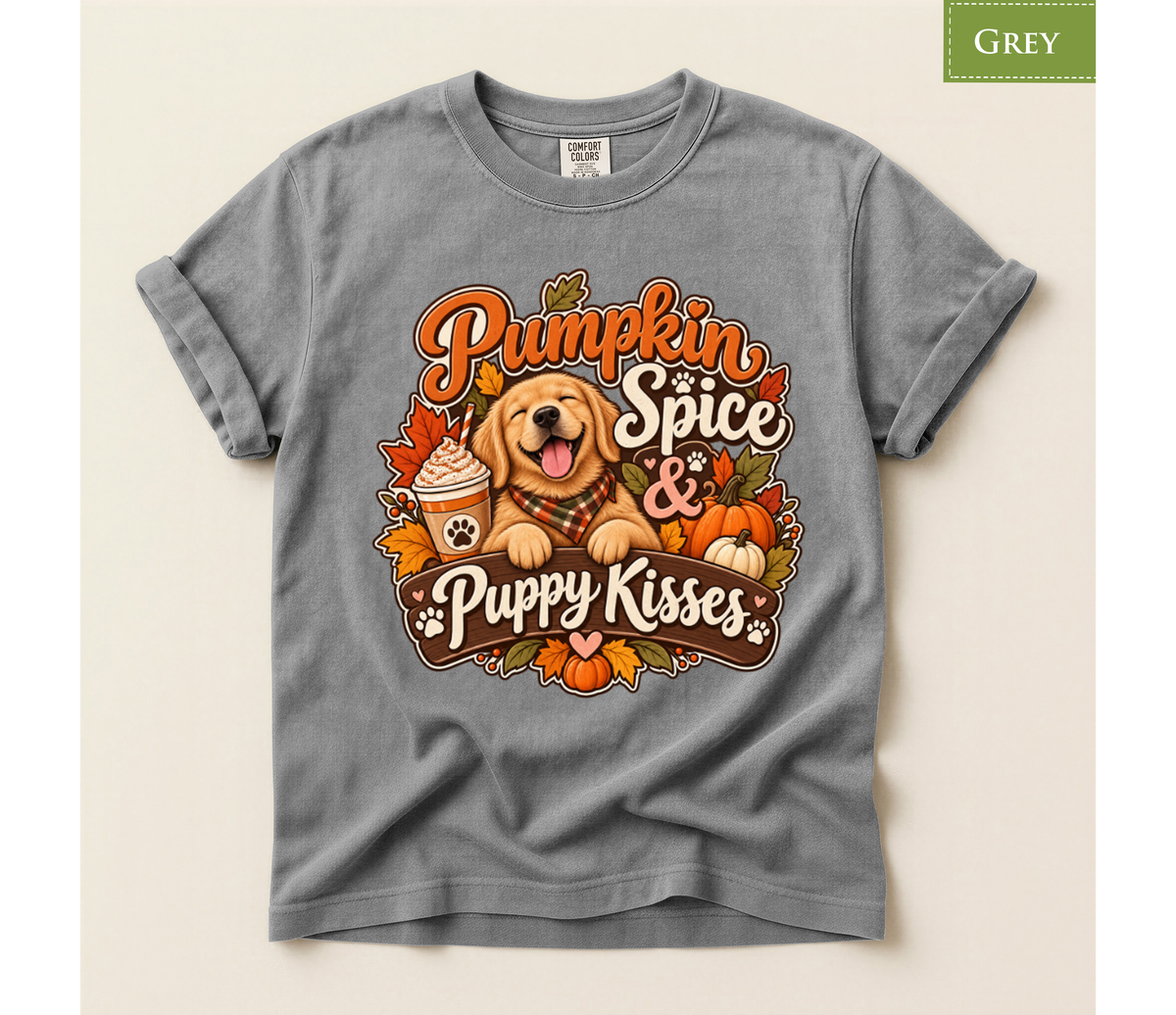 pumpkin spice shirt, puppy kisses tee, fall dog mom shirt, dog lover fall gift, autumn dog tee, golden retriever tee, cute dog lover gift, thanksgiving t shirt, cozy season shirt, fall aesthetic tee, pumpkin latte shirt, cute puppy apparel, vintage fall tee