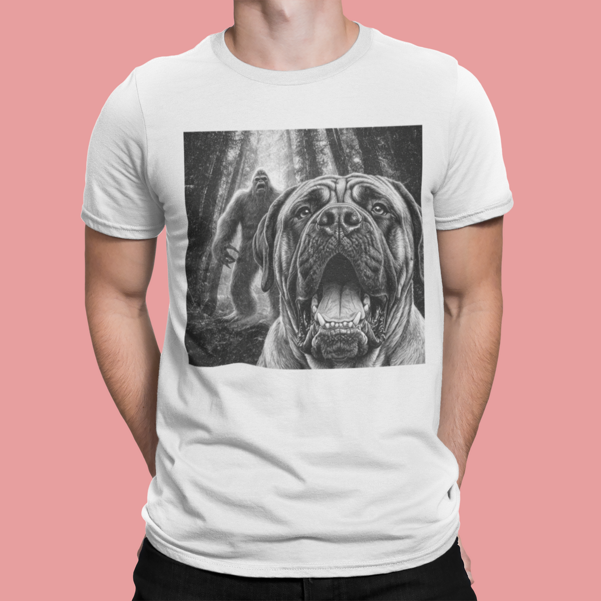 Bigfoot dog shirt, Mastiff dog tee, Sasquatch t shirt, Funny big dog gift, Cryptid graphic tee, Dog lover gift, Vintage monster tee, Forest camping shirt, Dog dad gift, Giant breed shirt, Retro horror shirt, English mastiff, Bigfoot meme tee