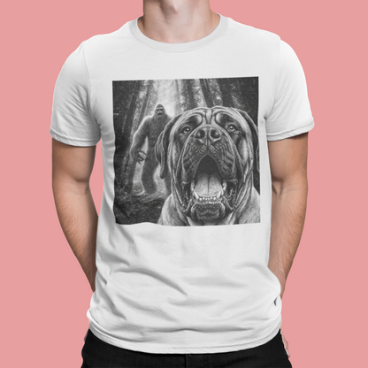 Bigfoot dog shirt, Mastiff dog tee, Sasquatch t shirt, Funny big dog gift, Cryptid graphic tee, Dog lover gift, Vintage monster tee, Forest camping shirt, Dog dad gift, Giant breed shirt, Retro horror shirt, English mastiff, Bigfoot meme tee