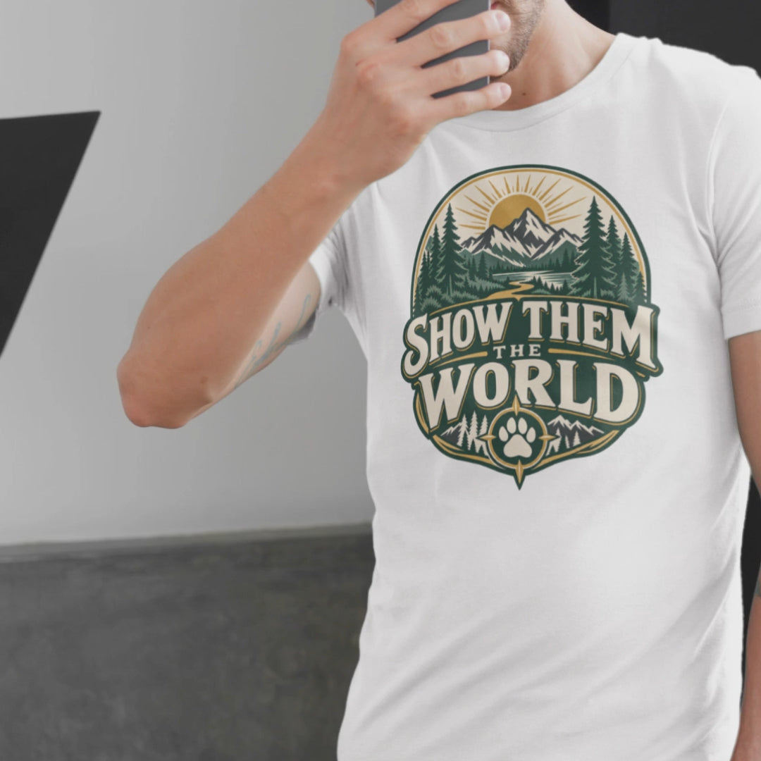 show them the world, mountain adventure, hiking shirt, travel lover gift, outdoor adventure, mountain lover gift, adventure shirt, hiking lover gift, wanderlust shirt, nature lover gift, dog adventure shirt, camping lover gift, outdoor lover tee