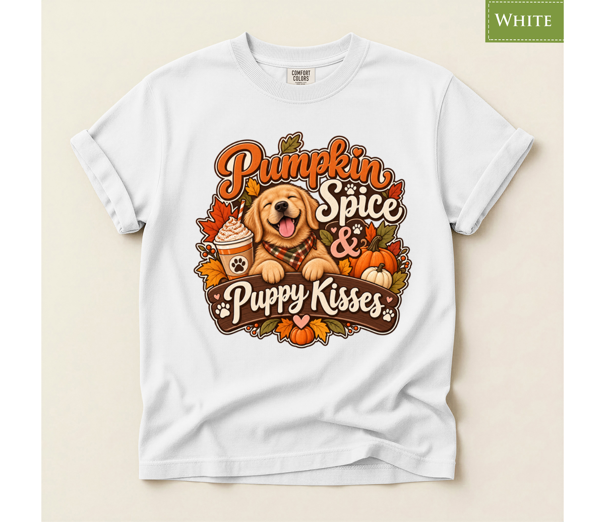 pumpkin spice shirt, puppy kisses tee, fall dog mom shirt, dog lover fall gift, autumn dog tee, golden retriever tee, cute dog lover gift, thanksgiving t shirt, cozy season shirt, fall aesthetic tee, pumpkin latte shirt, cute puppy apparel, vintage fall tee
