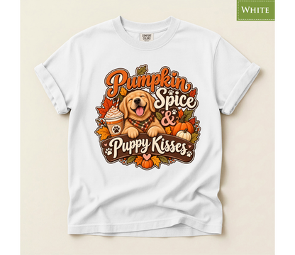 pumpkin spice shirt, puppy kisses tee, fall dog mom shirt, dog lover fall gift, autumn dog tee, golden retriever tee, cute dog lover gift, thanksgiving t shirt, cozy season shirt, fall aesthetic tee, pumpkin latte shirt, cute puppy apparel, vintage fall tee