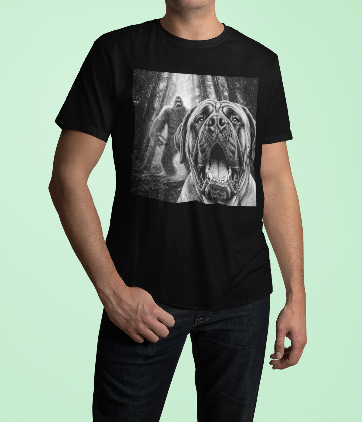 Bigfoot dog shirt, Mastiff dog tee, Sasquatch t shirt, Funny big dog gift, Cryptid graphic tee, Dog lover gift, Vintage monster tee, Forest camping shirt, Dog dad gift, Giant breed shirt, Retro horror shirt, English mastiff, Bigfoot meme tee