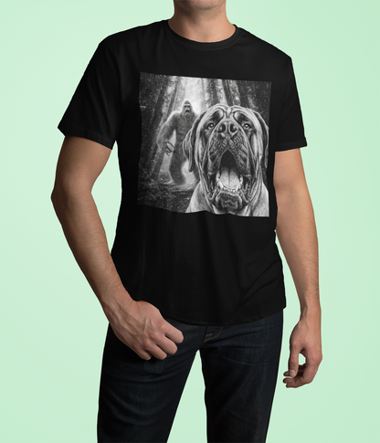 Bigfoot dog shirt, Mastiff dog tee, Sasquatch t shirt, Funny big dog gift, Cryptid graphic tee, Dog lover gift, Vintage monster tee, Forest camping shirt, Dog dad gift, Giant breed shirt, Retro horror shirt, English mastiff, Bigfoot meme tee